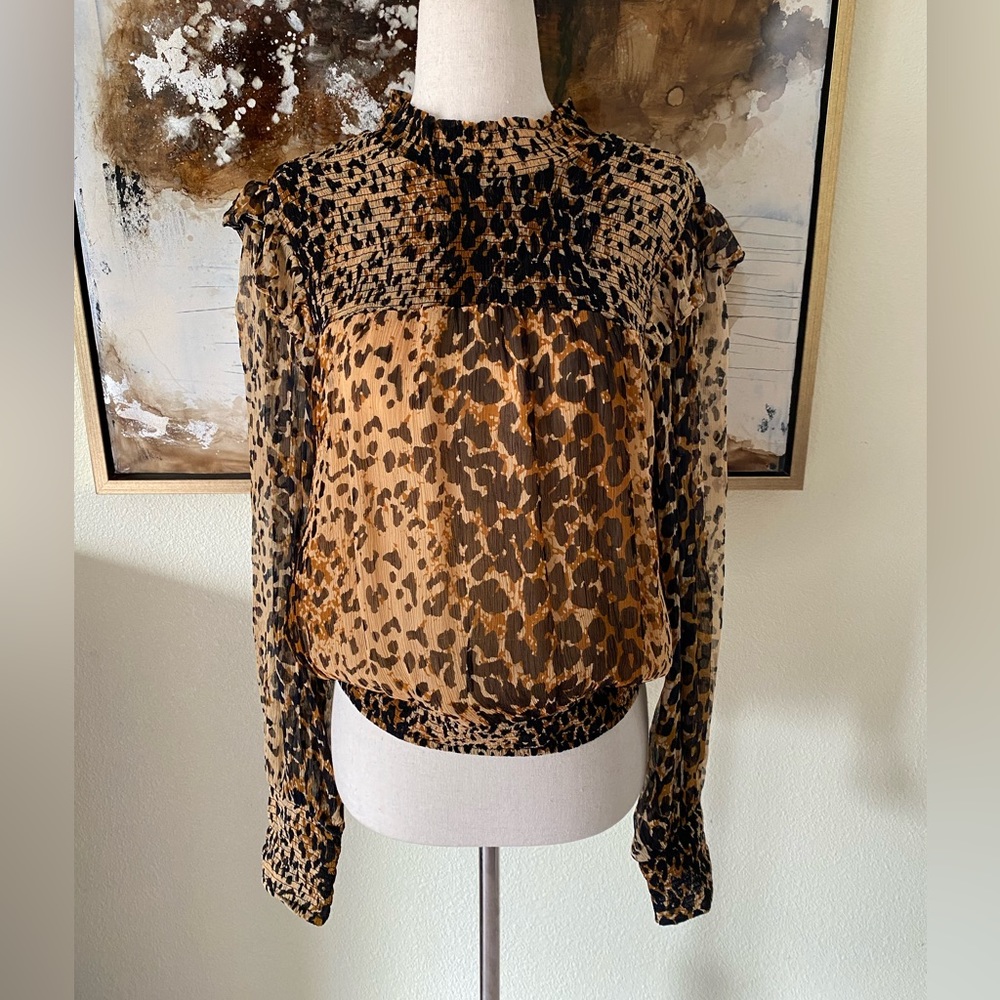 Free People Leo combo leopard print long sleeve sheer blouse shirt size M EC
